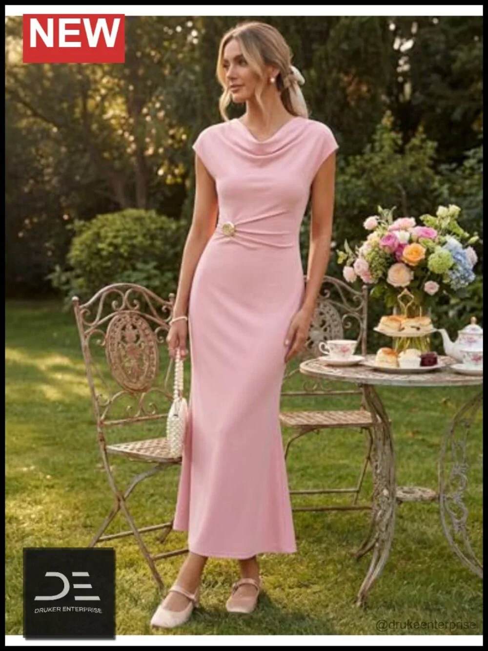 Cowl Neck Cap Sleeve Ruched Bodycon Midi Dress - Elegant Wedding Guest Cocktail